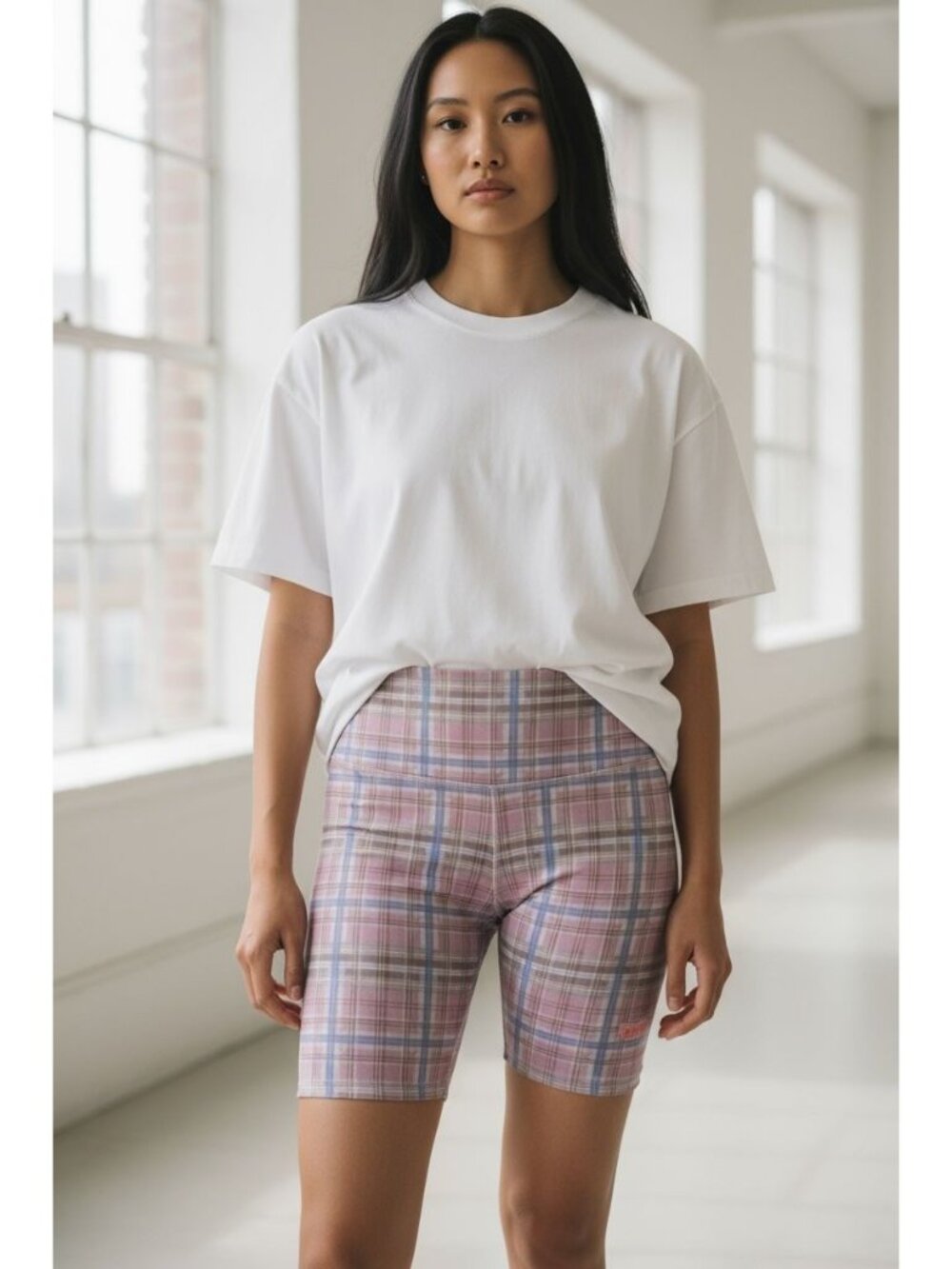 P.E Nation Overland Bike Shorts XS Fragrant Lilac Plaid High Waist Activewear